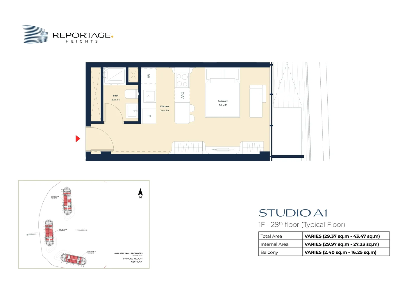 Студия A1: 29,37–43,47 м², с 1-го по 28-й этаж; внизу — план-ключ трёх башен